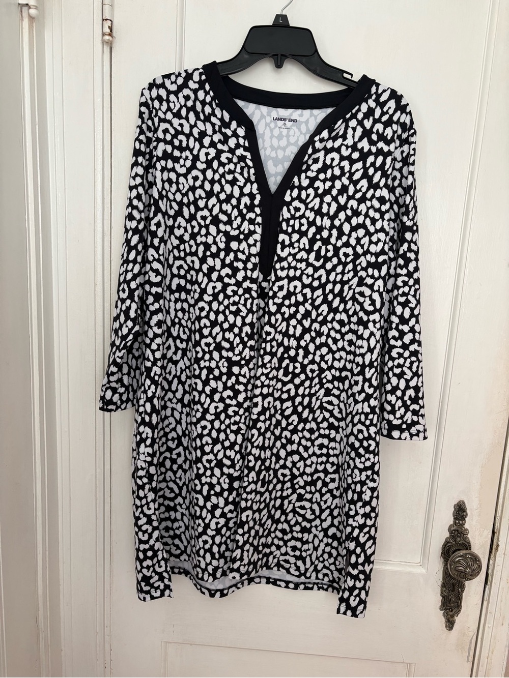 Lands' End Black and White Animal Print Long Sleeve Dress